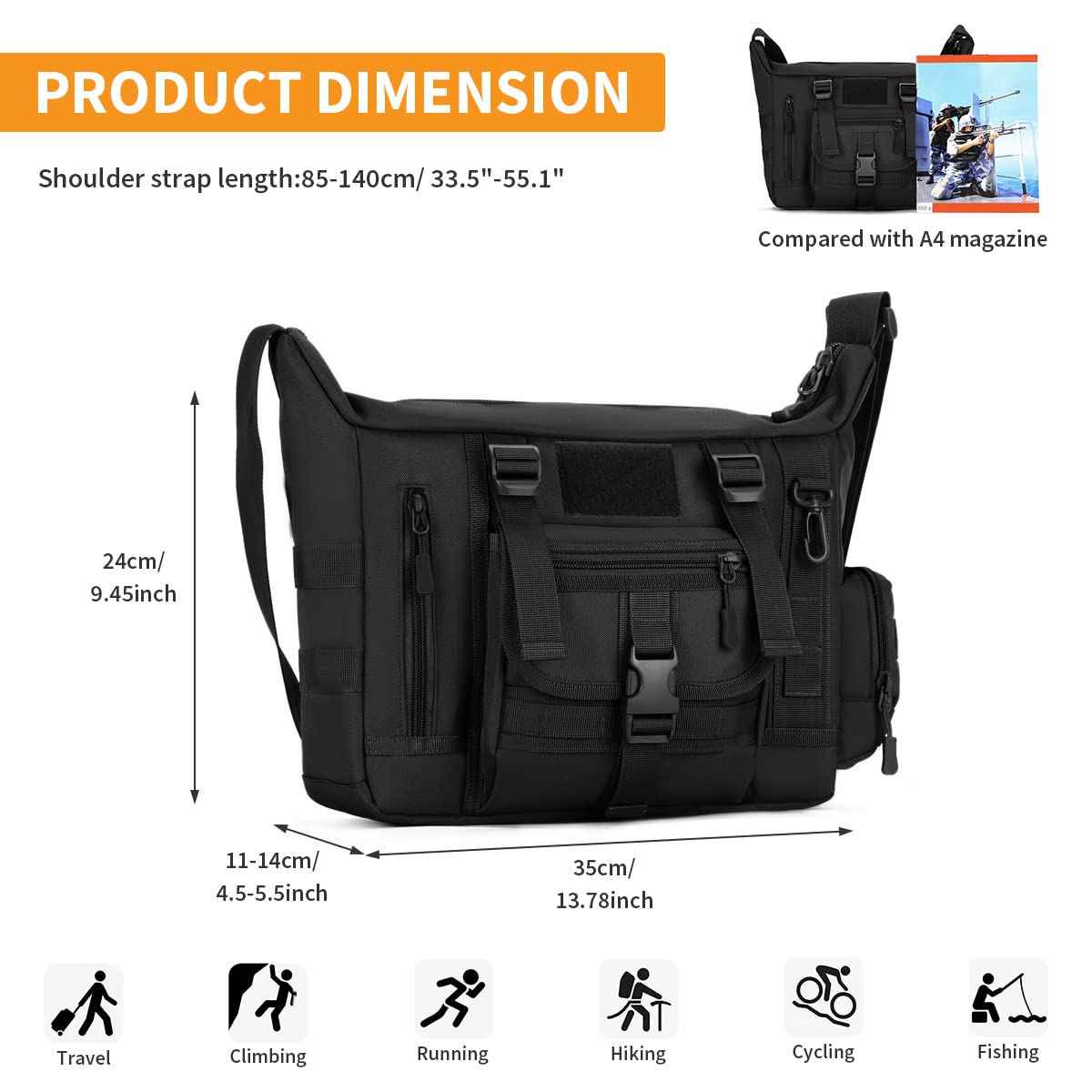 Mochila de Hombro Militar Táctical Impermeable Negro Bolso de Bandolera Múltiple Función