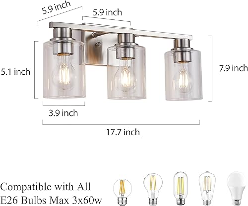 Miniatura 3 de Lámpara de tocador de baño de níquel cepillado, aplique de pared de 3 luces de 18 pulgadas con pantallas de vidrio transparente, iluminación moderna