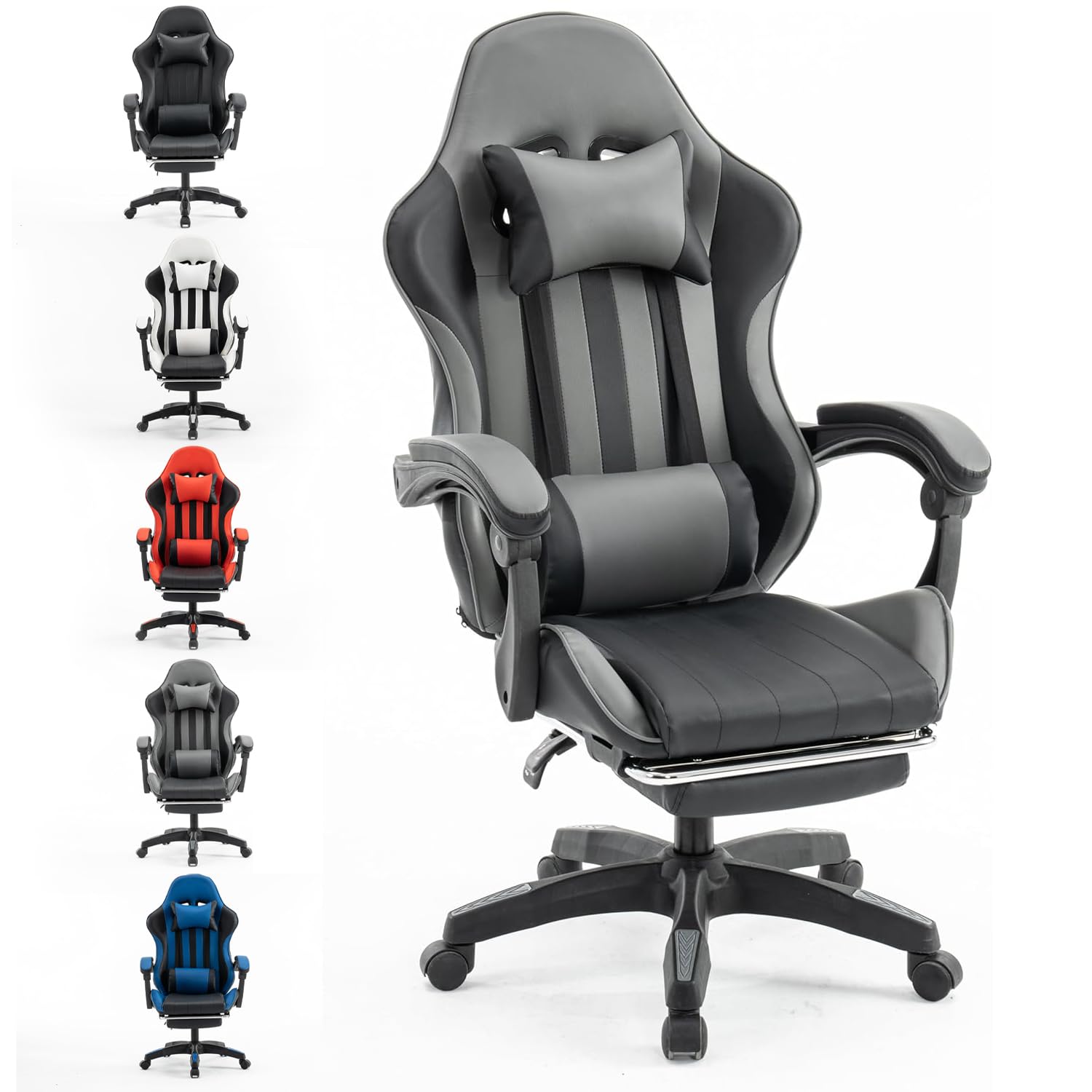 Millhouse Gaming Racing Desk Chair with Adjustable Lumbar Support, Footrest, and Head Pillow, X2022 (Grey)