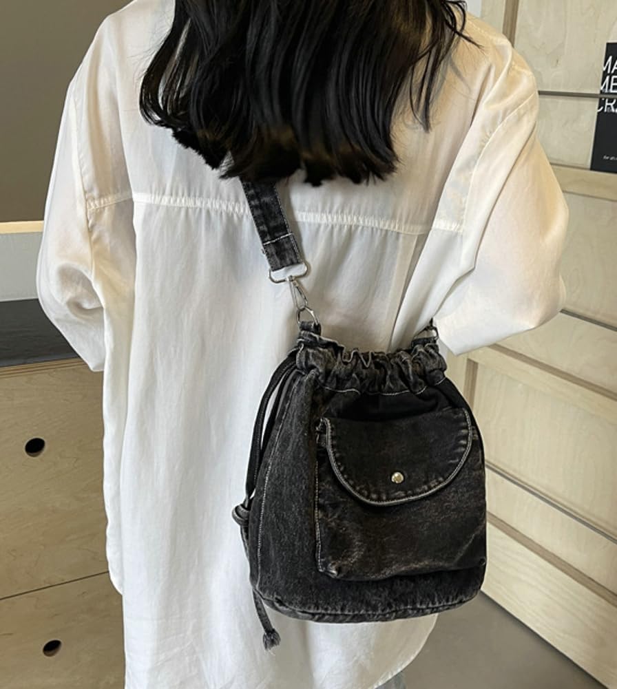 Womens Small Denim Shoulder Crossbody Bag Canvas Bucket Tote Bag Drawstring Lightweight Phone Purse Handbags - Image 2