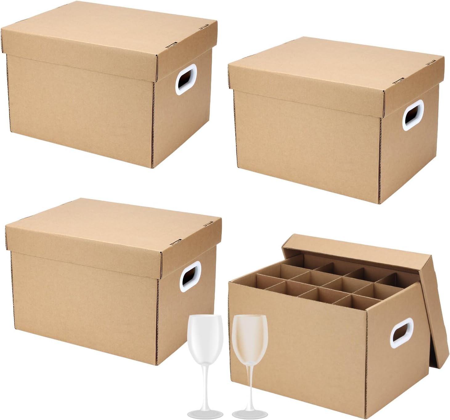 4 Pack Wine Glass Moving Boxes, 15 x 12 x 10 Inches Moving Boxes with Lid Glassware Dish Packing Box Corrugated Dividers with Handles and Lids for Kitchen Dish Glassware, Brown