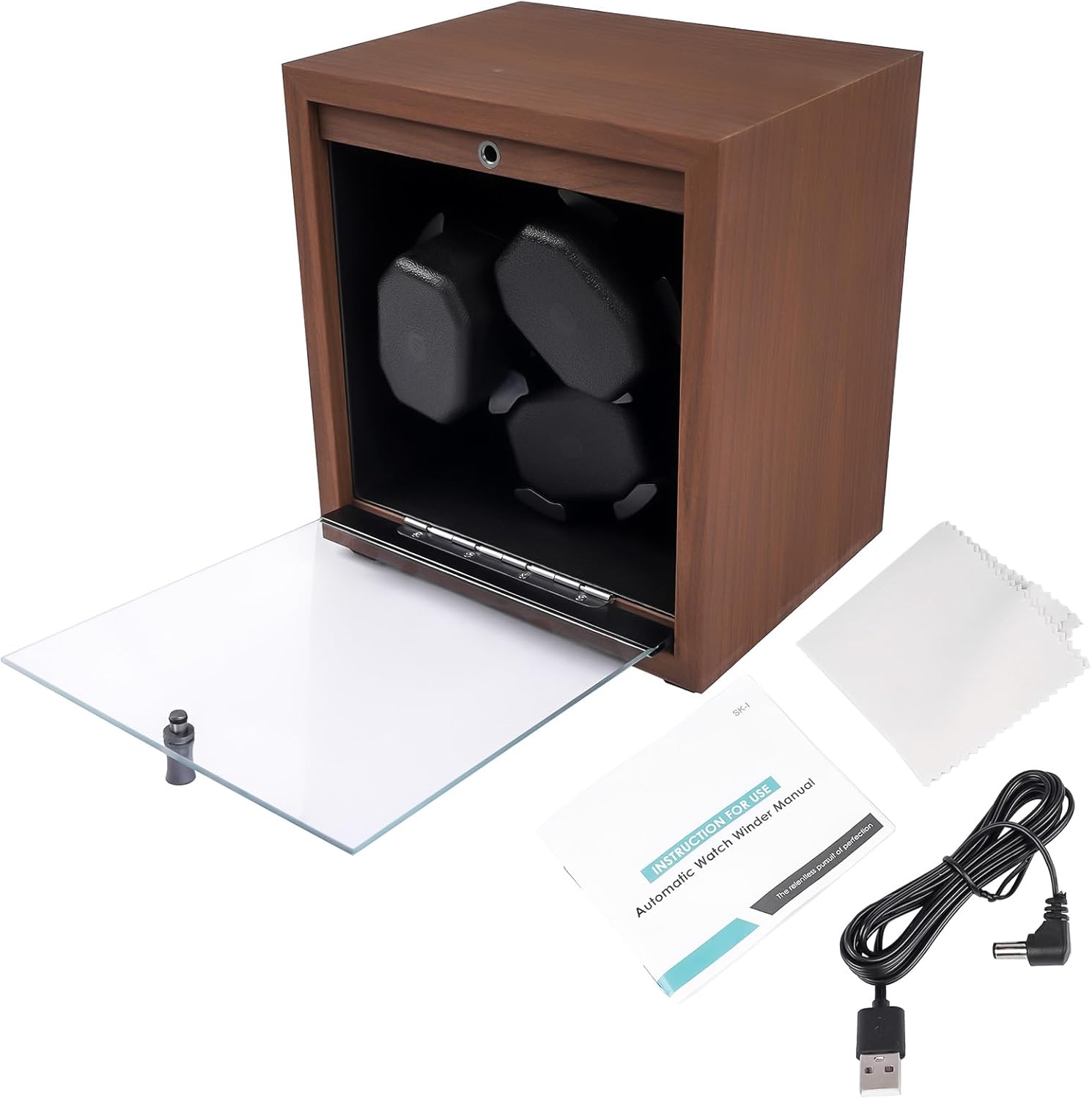 Wooden 3 Automatic Watch Winder, Black Walnut Grain Super Quiet Rotating Box Shaker, 4 Rotation Mode, Blue LED Light, Black High Elastic Memory Foam Pad