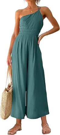 ANRABESS Women's Summer Straps One Shoulder Pleated High Waist Casual Wide Leg Jumpsuit Romper with Pockets