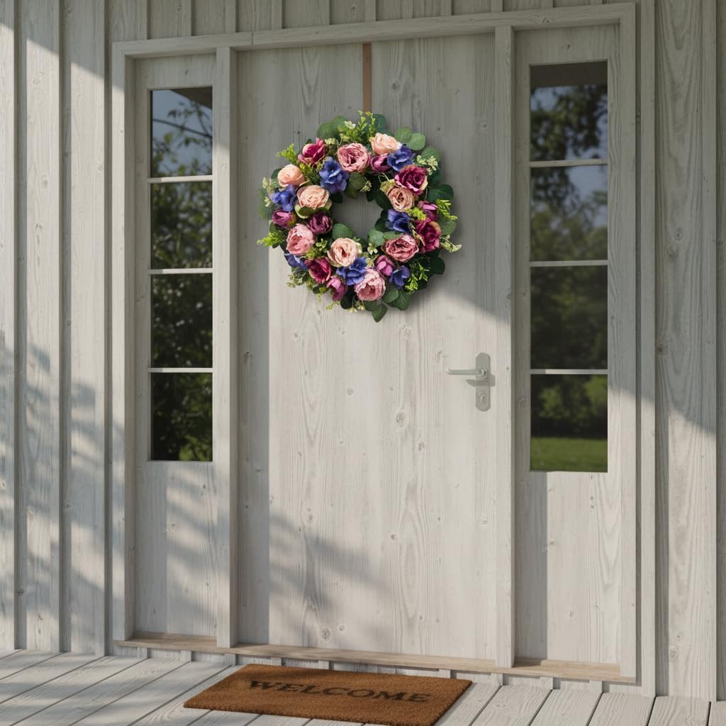 22 Inch Pre-lit Artificial Spring Wreath for Front Door with Timer - 20 LED Lights, Pink Rose Peony & Eucalyptus Floral Decor, Battery Operated Summer Wreath for Indoor Covered Outdoor