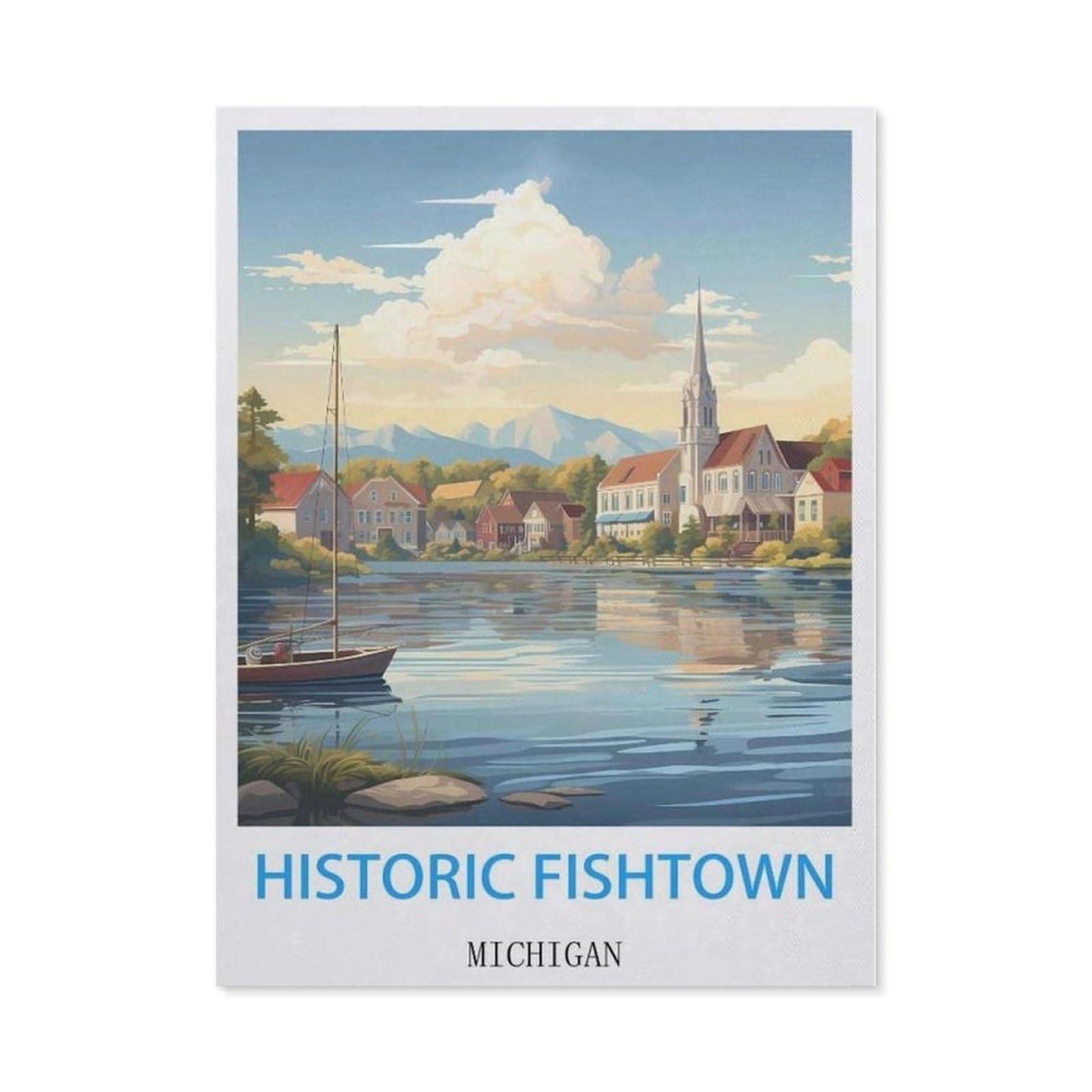 Beayodkp （40 X 50 Cm/15.74 X 19.68 Inches） Diy 5D Diamond Painting，Historic Fishtown Michigan Vintage Travel Posters，Round Diamond, Used For Room Decoration-Cc67
