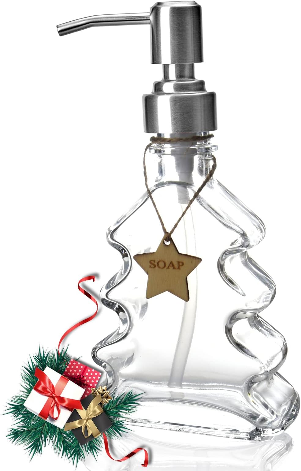 Christmas Tree Soap Dispenser, Glass Soap Dispenser with Sliver 304 Rust Proof Pump, Christmas Tree Shaped Great for Xmas Decor, Hand Soap, Dish Soap, Kitchen, Bathroom