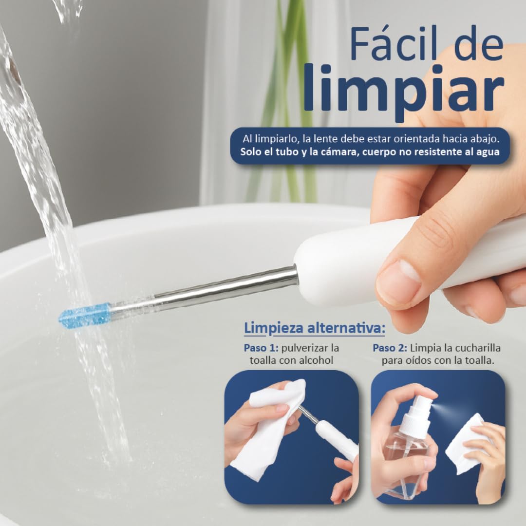 Kit de Eliminación de cera con 6 cucharas para oídos. Set de 7 piezas con cámara y luz. Herramienta para eliminar la cera. 6 accesorios de estuche de silicona. Limpieza de oídos segura