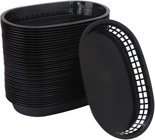 Pistole Paquete de 40 cestas de comida rápida de 10.5 x 7 pulgadas, canasta ovalada de plástico negro para almacenamiento reutilizable para perros