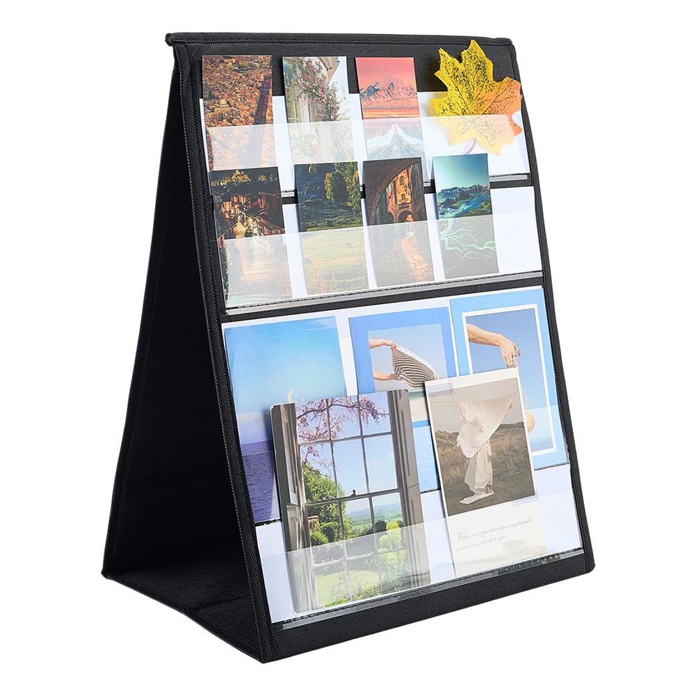 FINGERINSPIRE Desktop Tabletop Pocket Chart 430x318x15mm Black PVC & Non-woven Fabric Double Side and Self Standing Tabletop Teaching Classroom Pocket Charts with 20Pcs Board Card for Classroom