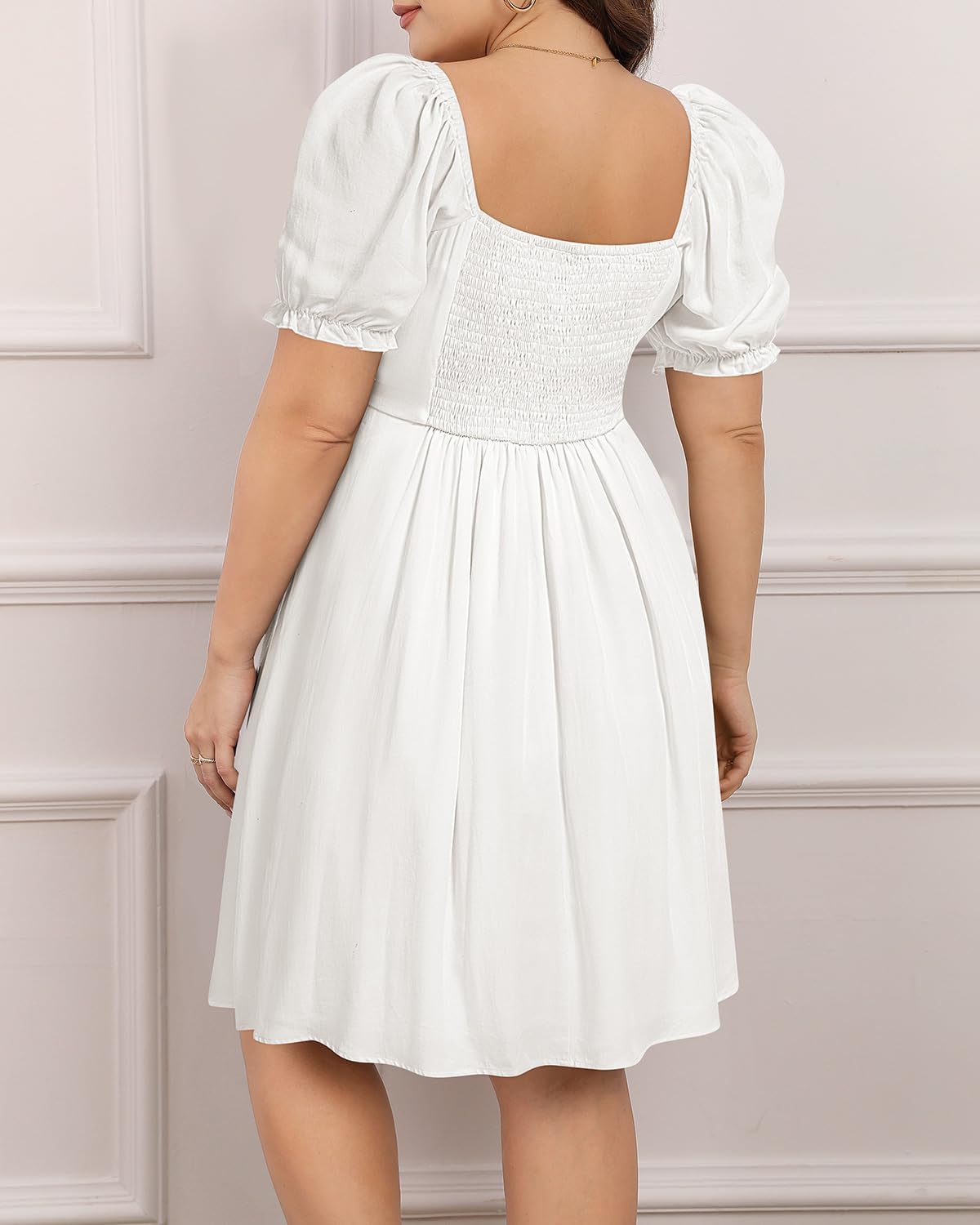 Pinup Fashion White Plus Size Dress Summer Casual Graduation Short Puff Sleeve Flowy Smocked Ruched A Line Babydoll Cute Mini Dresses - Image 2