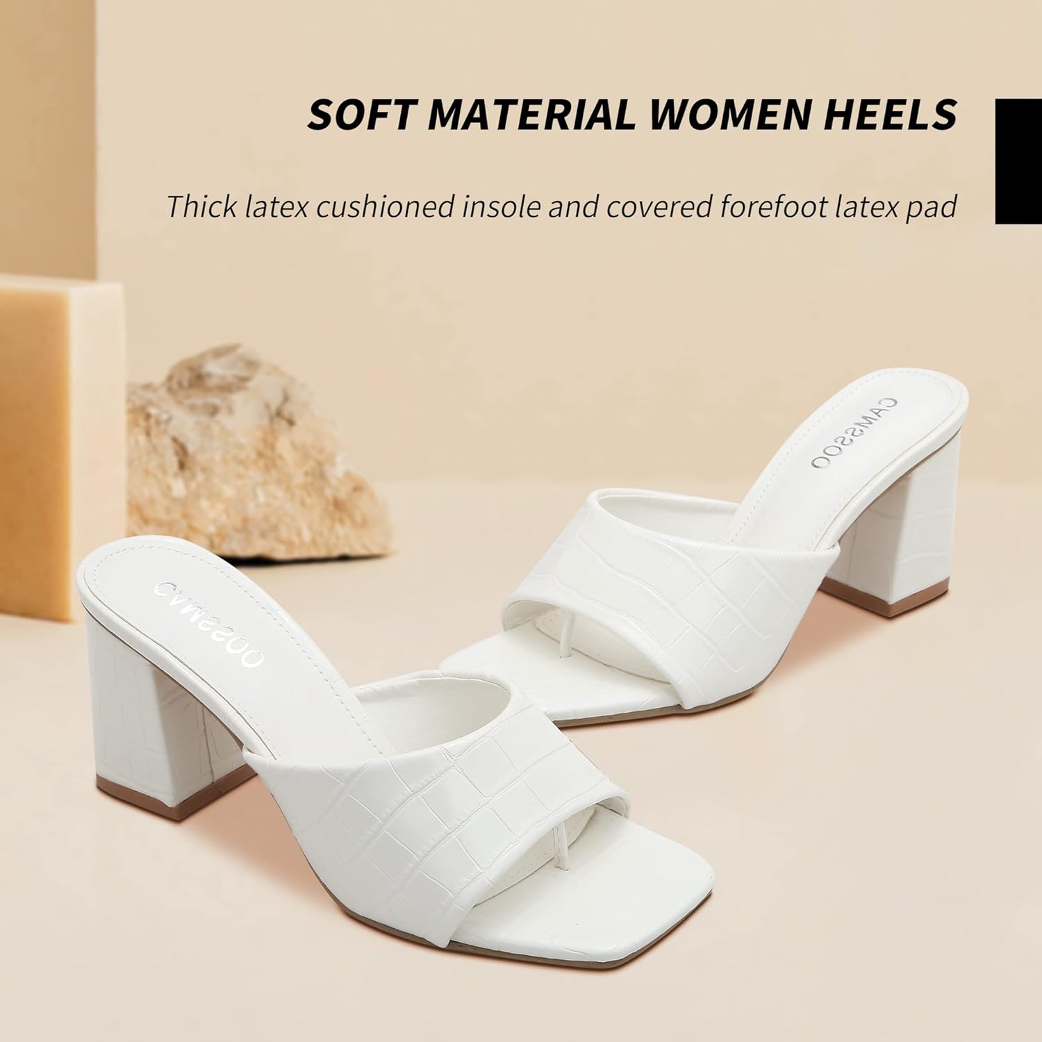 CAMSSOO Women's Square Open Toe Heeled Mules Flip Flops Chunky Heels Slip On Sandals Block High Heel Fashion Wedding Dress Shoes - Image 5