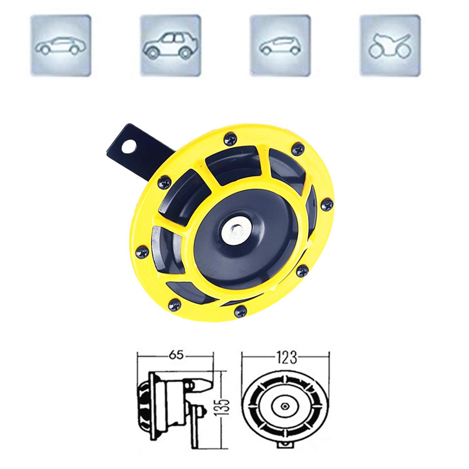 Clacson Elettrico 135DB per Auto con Doppio Disco e Staffa di Protezione Gialla - Per 12V Auto, Camion, SUV, Moto