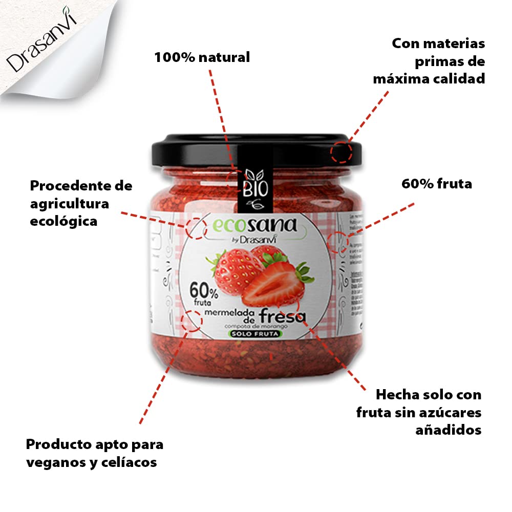 Drasanvi ECOSANA Mermelada de Fresa sin Azúcar Bio,con Vitaminas del Grupo B, Vitamina C, Minerales y Omega 3 |Fuente de Energía, Antioxidante | Deliciosa y Endulzada con Zumo de Uva,250 g