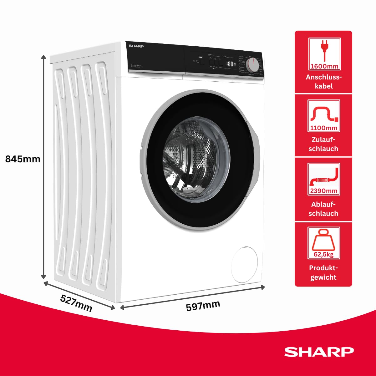SHARP ES-NFA814BW1NA-DE Waschmaschine (8 kg, EEK A, 1400 U/min.), (Inverter Motor, AquaStop), Weiß