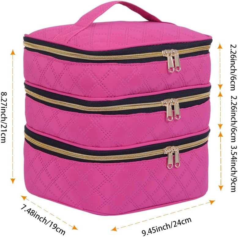 Large Makeup Bag 3 Layers with Handle Travel Organizer Case(Wine) | Large Makeup Bag 3 Layers with Handle Travel Makeup Bag Organizer Toiletry Accessories