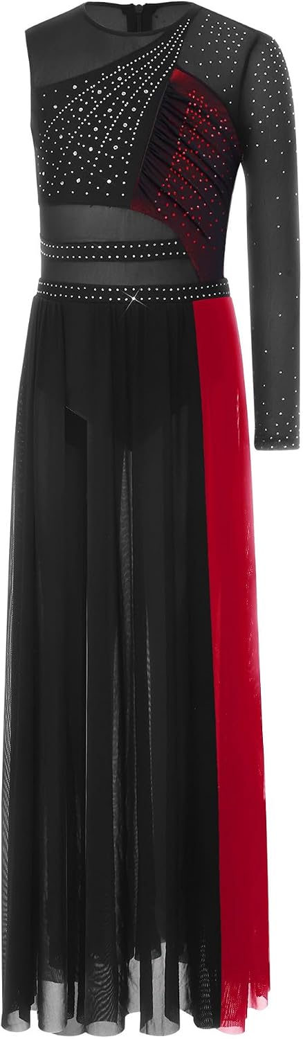 ranrann Lyrical Dance Dress for Girls Modern Contemporary Dance Dress Color Block Rhinestone Leotard with Long Skirt