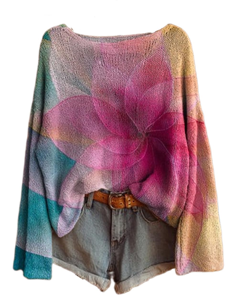 OSCORP Womens Boho Floral Print Knit Long Sleeve Sweaters Loose Fit Lightweight Pullover Tops Spring Cozy Sweaters