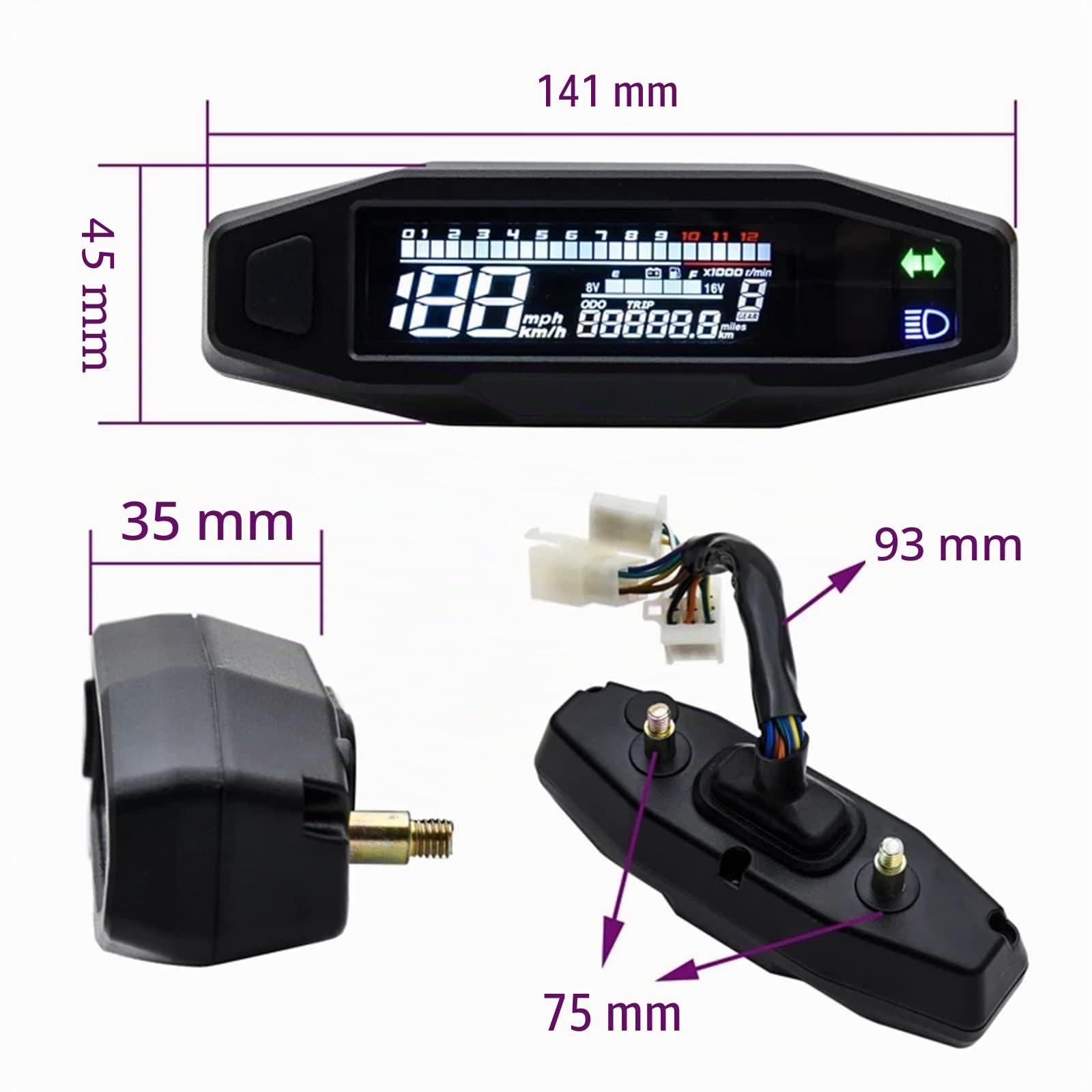 KAOLALI Tacómetro Digital Universal para Motocicleta, Velocímetro Digital con Pantalla LCD Carburador Contador de Kilómetros con Sensor