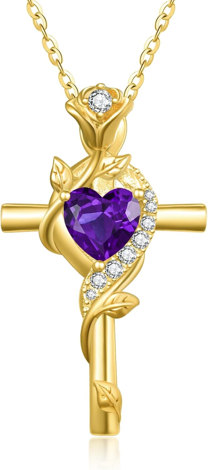 Rose Cross Necklaces for Women, 14K/18K/24K Gold/Rose Gold Cross Jewelry with Birthstone Pendant, Valentines Day Birthday Gifts for Women, 18+2 Inch Chain