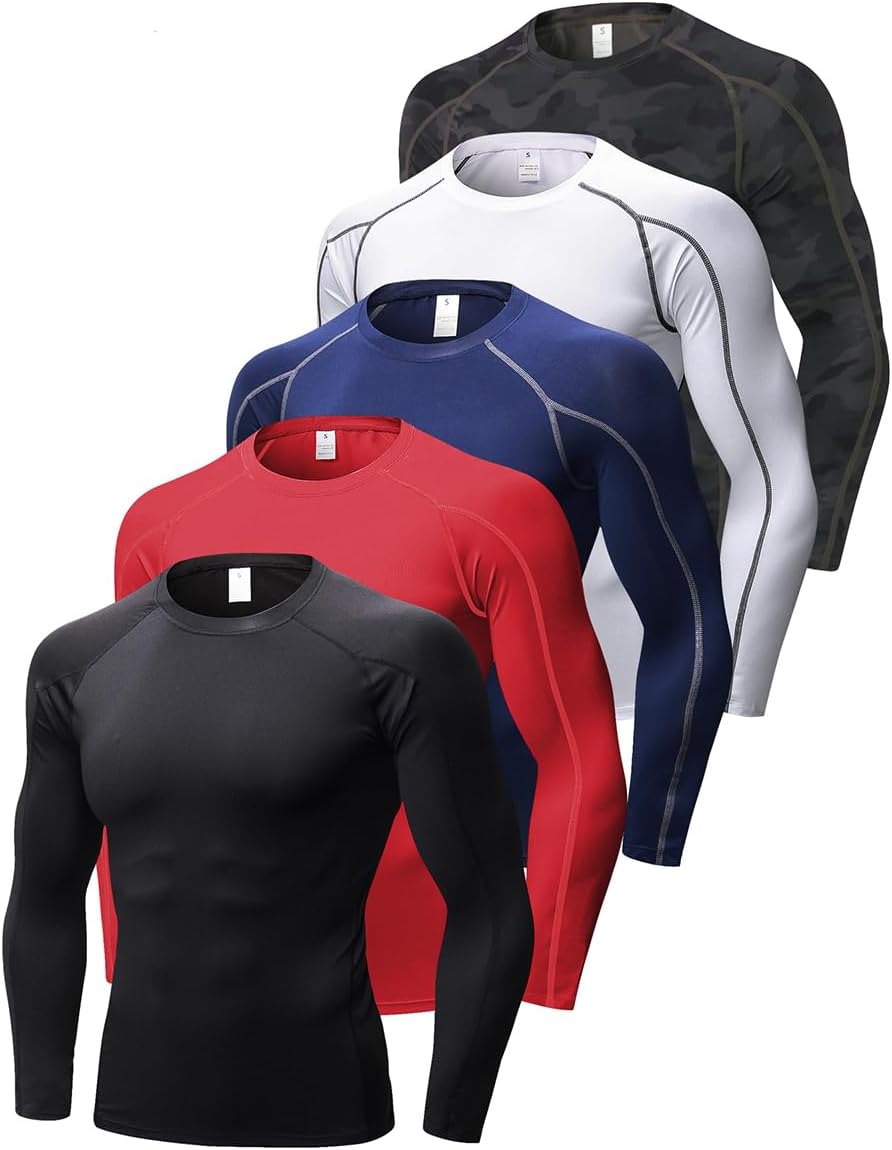 5 Pack Men's Compression Shirts Thermal Long Sleeve Athletic Workout Undershirts Sports Baselayers Tops Gym T-Shirt