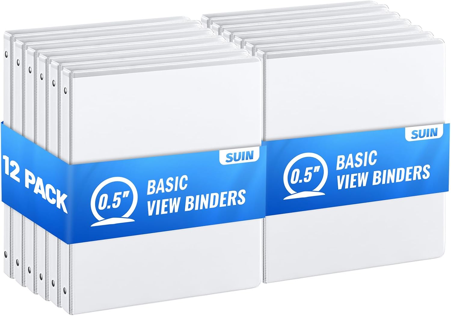 SUIN 1/2'' 3 Ring-Binders - 0.5 inch View-Binder with Round Rings, 100 Sheet Capacity, Fits 8.5" x 11" US Letter Size Paper, Versatile for Office and School Use, 12 Pack White (0.5-Inches)