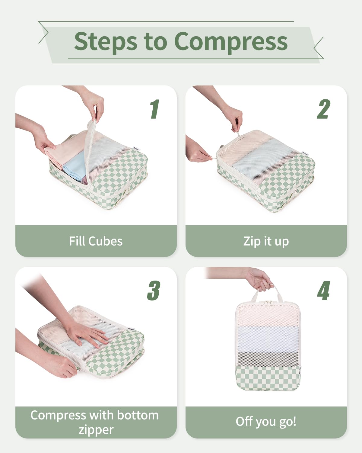 Narwey 6er-Set Kompressions-Verpackungswürfel, kariert, für Reisen, für Handgepäck, Koffer, Reisetaschen, Minzgrün, Schachbrettmuster