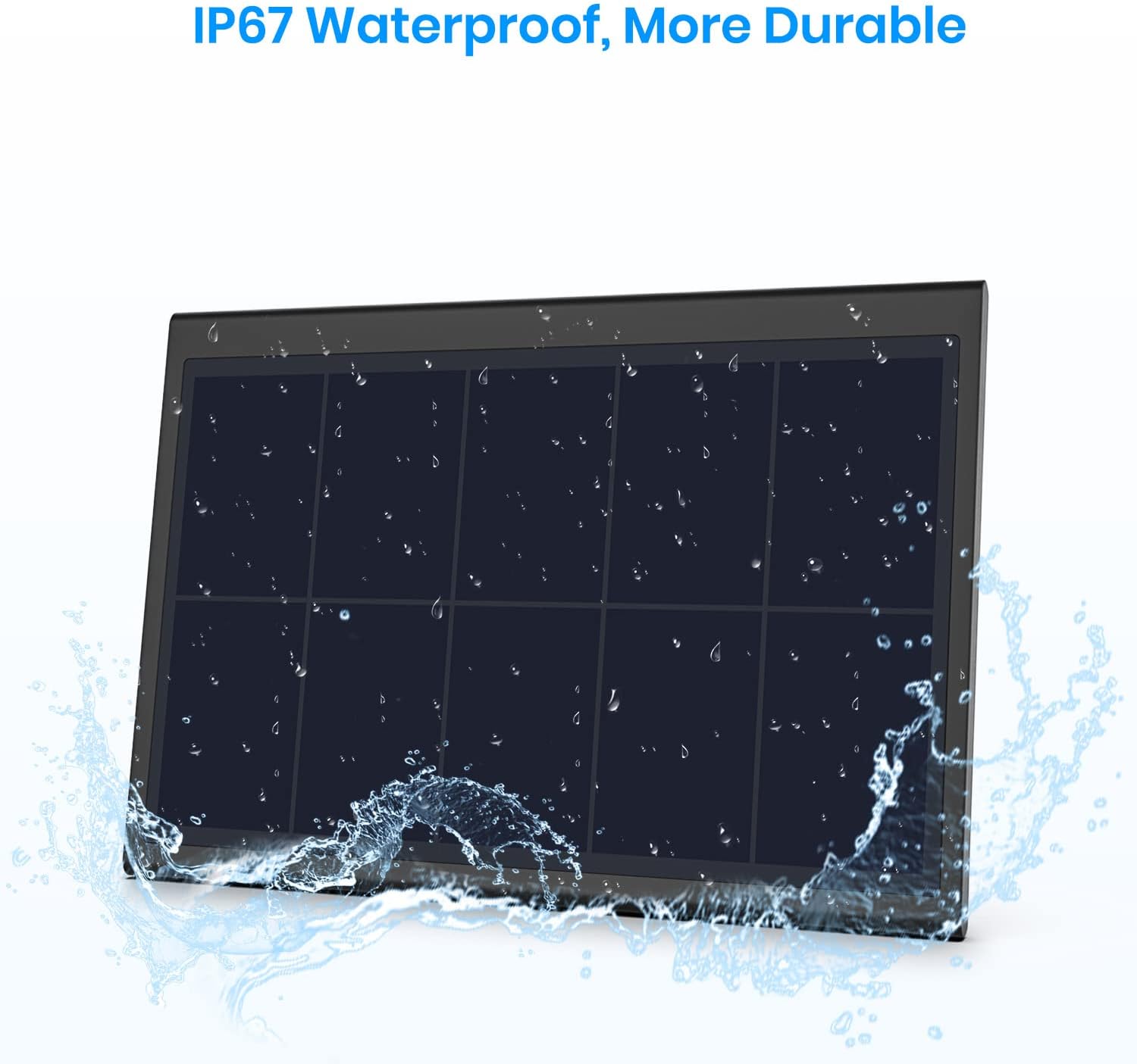 AUTO-VOX Solar Panel being splashed with water, demonstrating its IP67 waterproof rating.