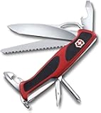 Ranger 78 M Grip Swiss Army Knife, 12 Functions, Swiss Made Pocket Knife with Large Lock Blade, Tweezers and Wood Saw - Red/Black