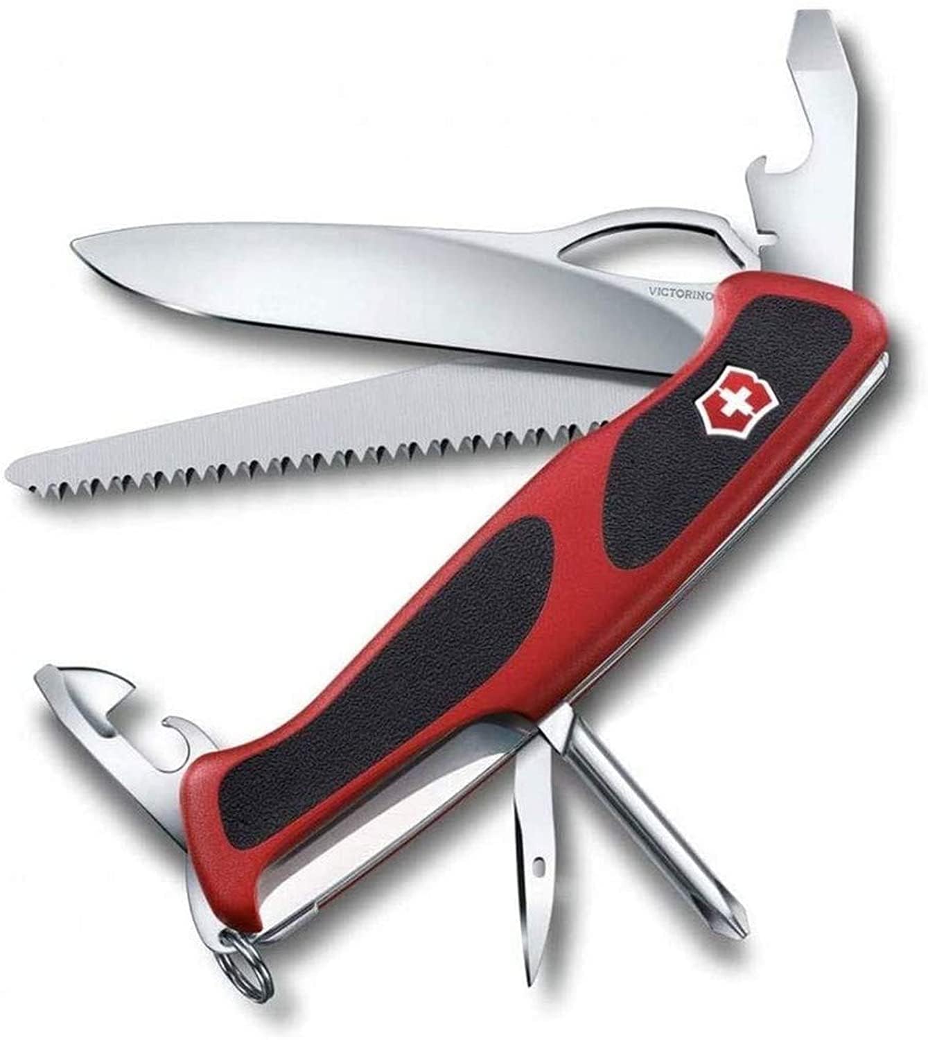VictorinoxRanger 78 M Grip Swiss Army Knife, 12 Functions, Swiss Made Pocket Knife with Large Lock Blade, Tweezers and Wood Saw - Red/Black