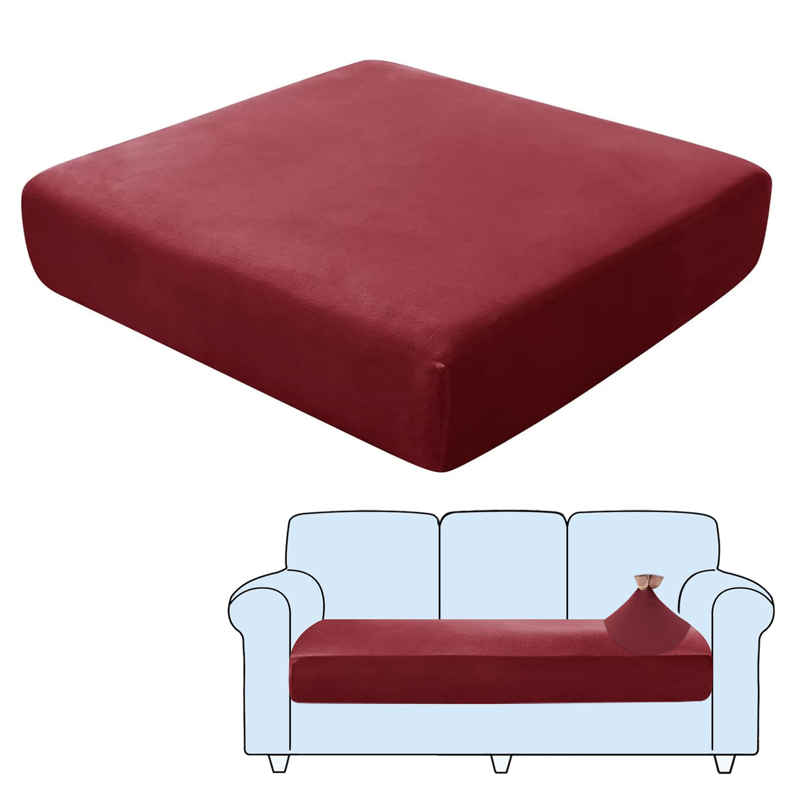 SHUOJIA Sofa Seat Cushion Covers, Stretch Velvet Sofa Cover, Non-Slip Couch Cushion Covers Replacement for Individual Cushion,with Elastic Fabric,Machine Washable (Dark Red,Large-3-Seater)