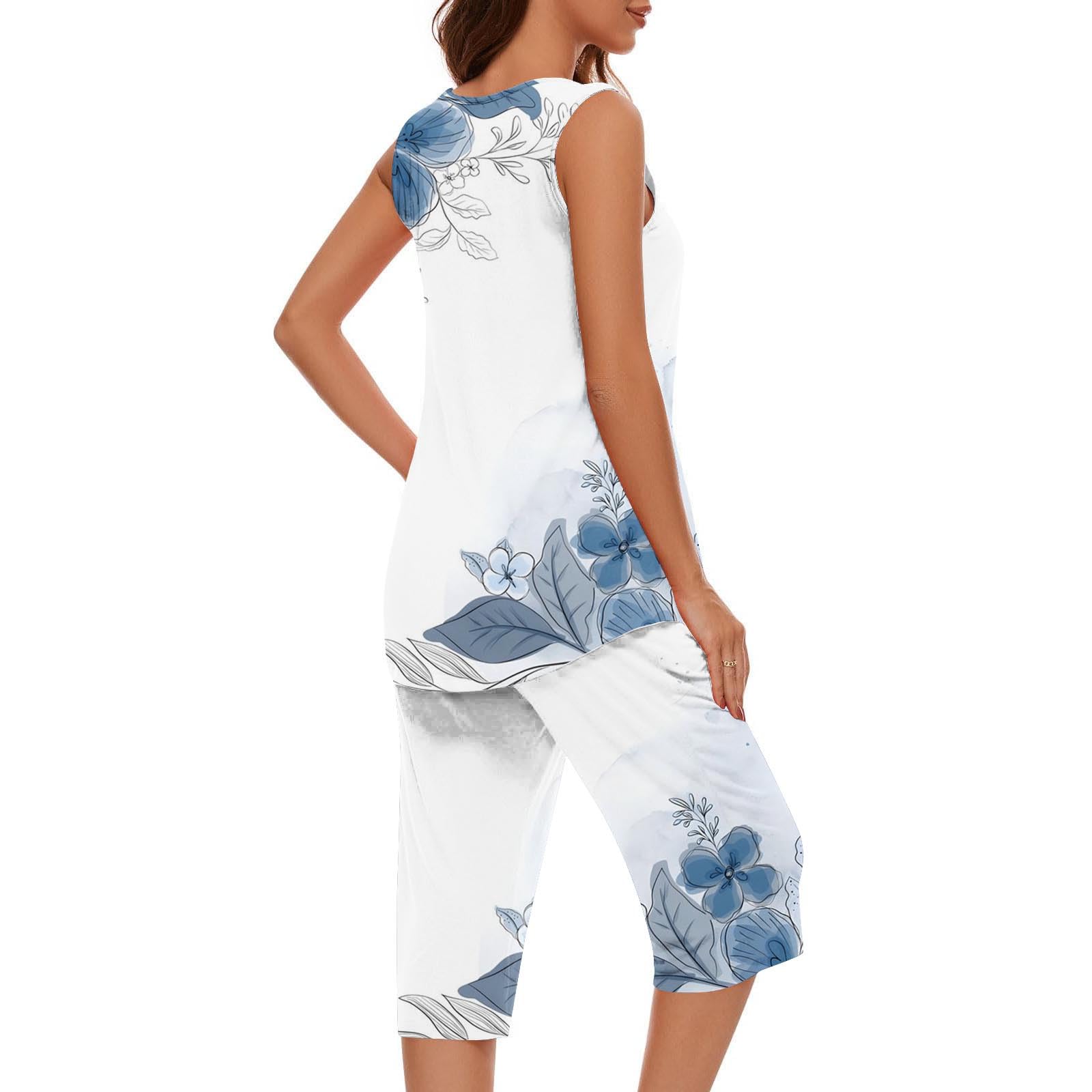 Ensemble Femme Chic 2025 T-Shirts Plissé Hauts Et Pantalon,T Shirt Femme Imprimés Floraux Ample Et Confortable Tee Shirt À Sans Manches Loungewear T-Shirts Short Ensemble De Pyjamas