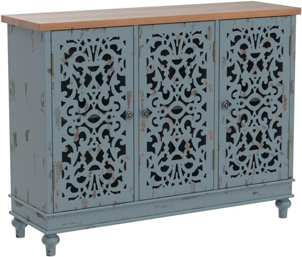Blue Distressed Wood 3-Door Hollow-Carved Sideboard Cabinet