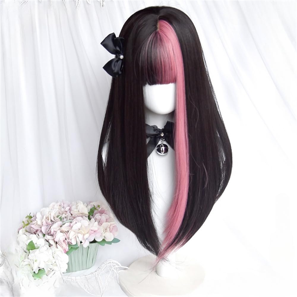 Black Mix Pink Hair Wig Long Straight Wig with Bangs Sweet Cute Lolita Wig for Daily (Black Mix Pink)