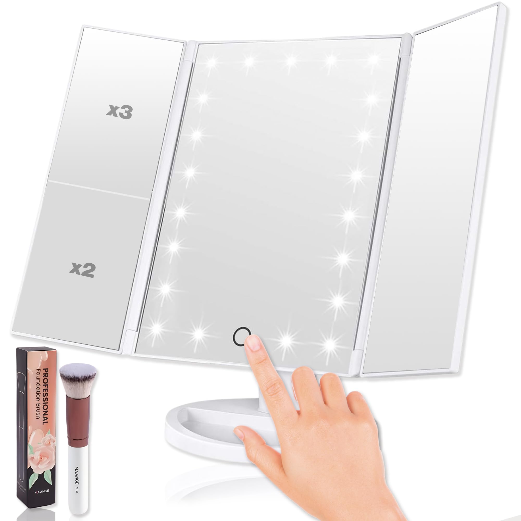 Espejo de Maquillaje con Luz LED – Aumento 1X/2X/3X, 22 Luces Ajustables, Pantalla Táctil, Plegable, Rotación 180° – Espejo Cosmético para Cuidado Facial y Arreglo de Cejas – Color Blanco