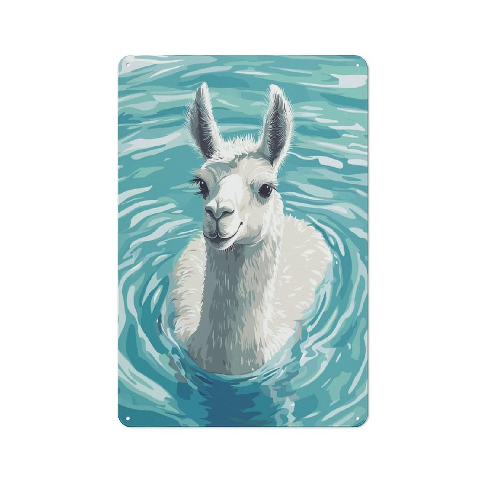 Junmoney Style-16 Classic Llama Swimming In Blue Water Metal Wall Art Sign 30X20cm, Vintage Wall Decor For Lounge, Study, Pub Or Wall Gallery
