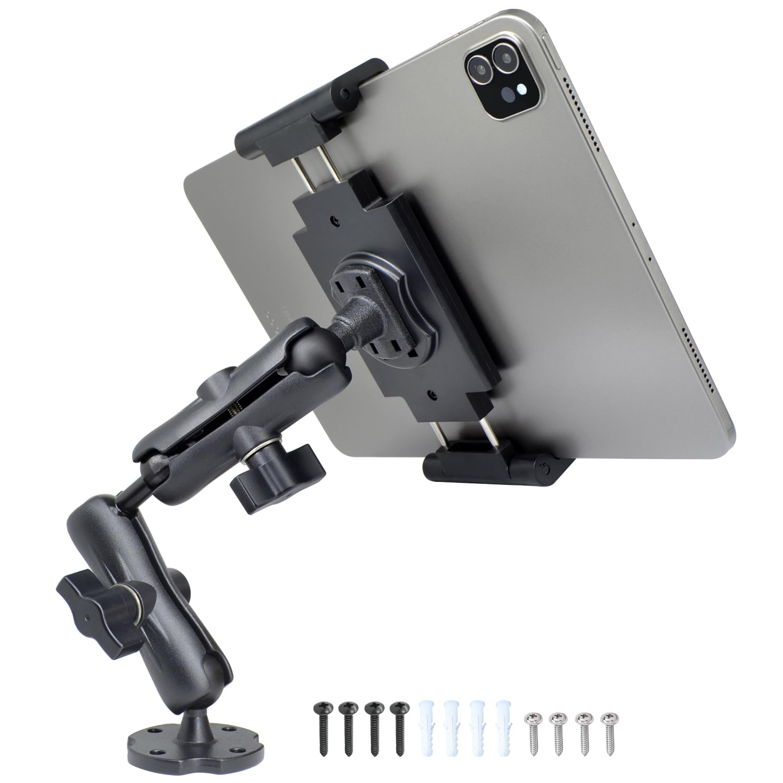 VAUBORTTI Aluminum Heavy-Duty Dual Arm Tablet Mount with 4-Point 360° Rotation Drill Base - Fits 6.5