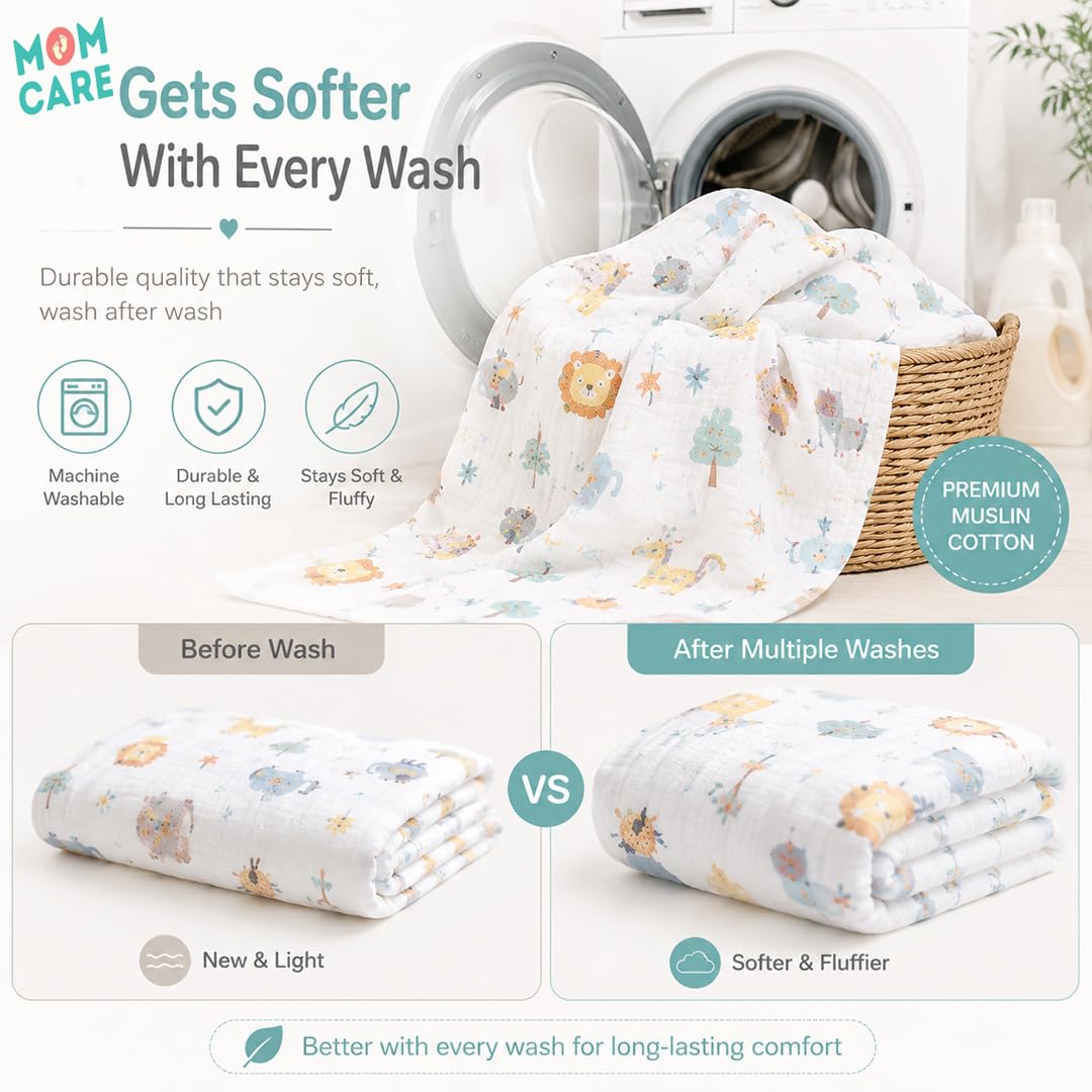 MOM CARE Baby Napkins for New Born | 6 Layer Muslin Baby Burping Cloth for New Born | Ultra Soft Reusable Cotton Face Towel | Highlys Absorbent Washcloth Feeding Wipes for Babies | Pack of 3 4