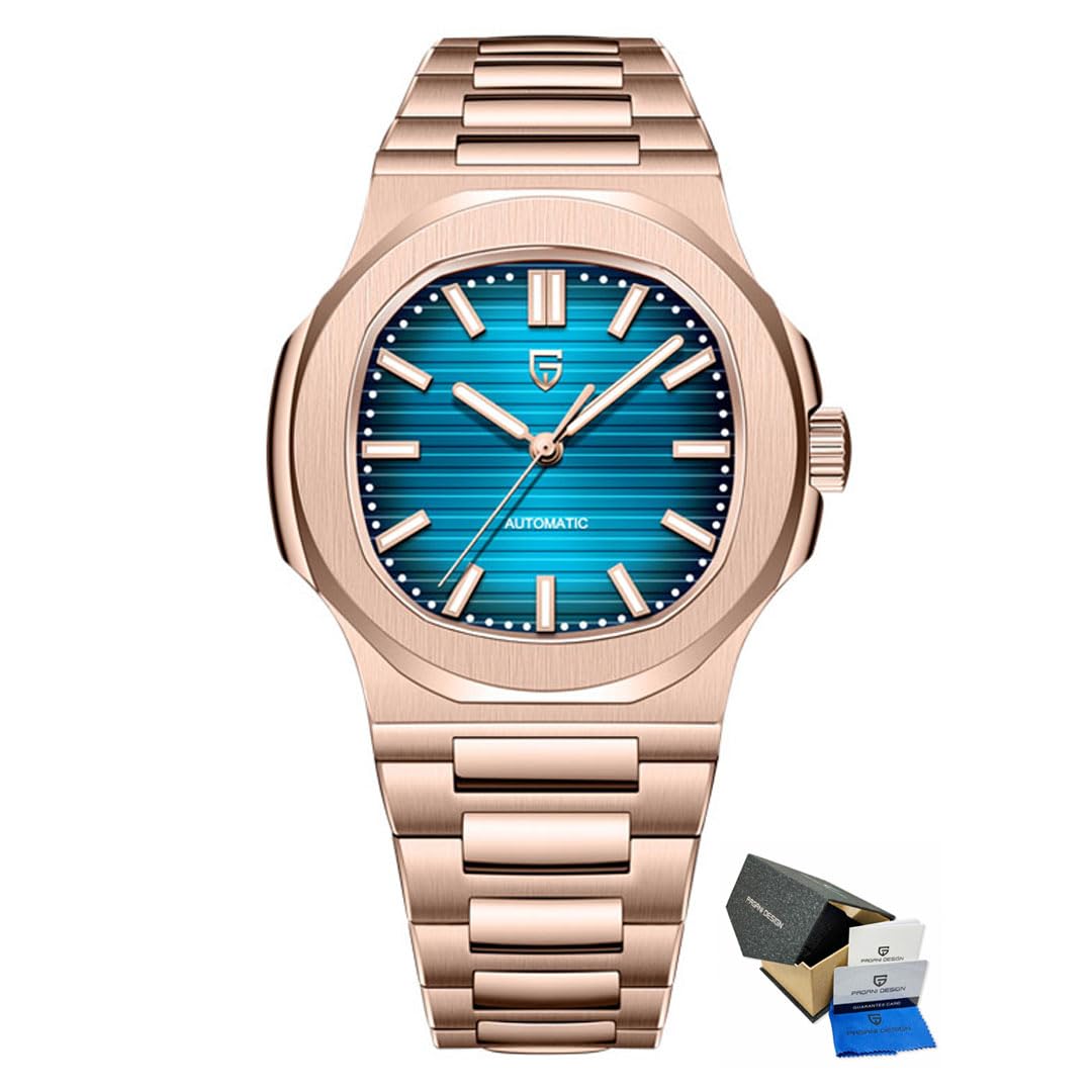 Pagani Design automatyczny zegarek dla mężczyzn, różowe złoto, 40 mm, stal nierdzewna, minimalistyczny, analogowy, prezent z syntetycznym szafirowym szkłem tarczowym, wodoodporny 100 m