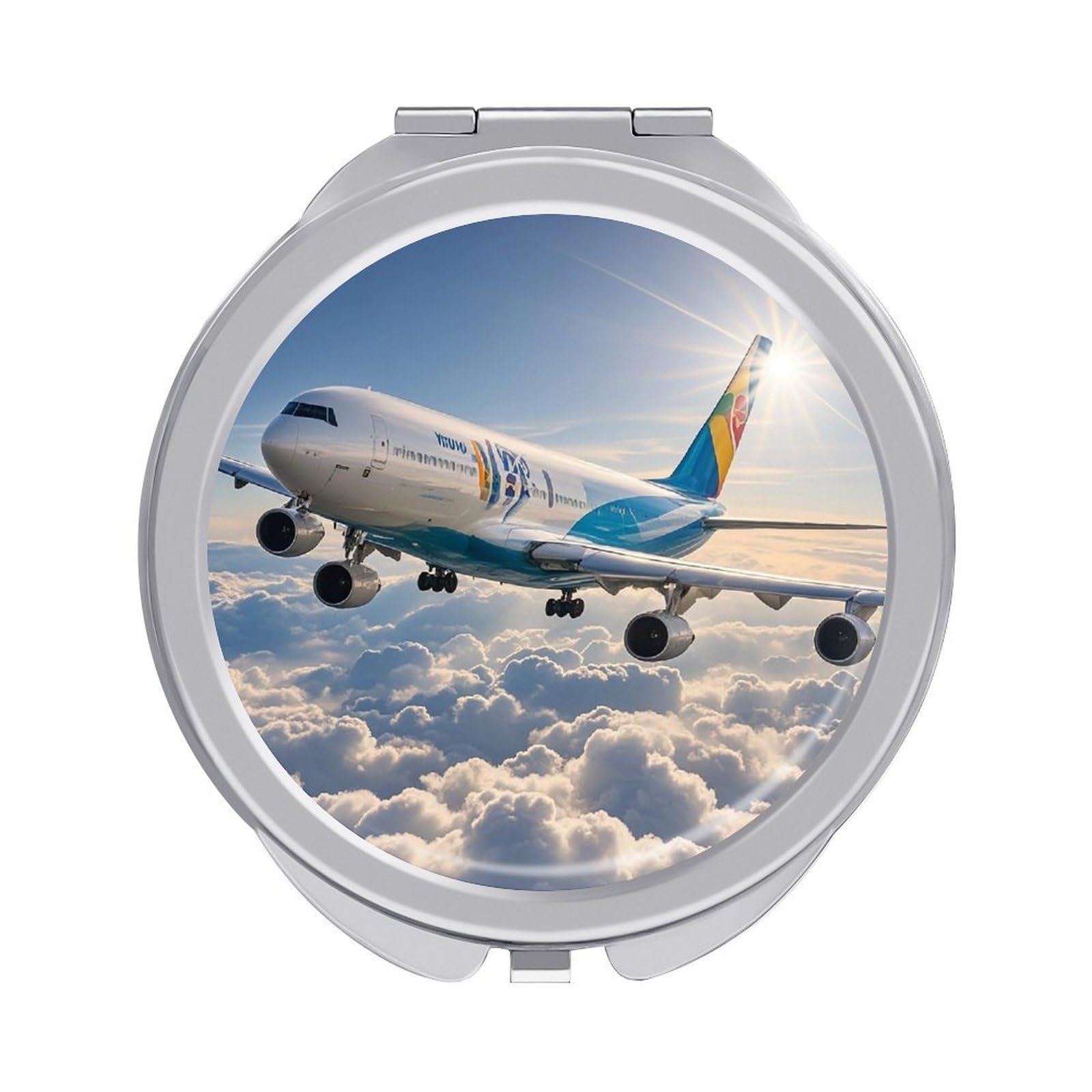 FekiLoot Airplane Travel Makeup Mirror for Women Folding Portable Hand Compact Mirrors Small Round Vanity Mirror 1X/2X Magnifying Metal Pocket Makeup Mirrors