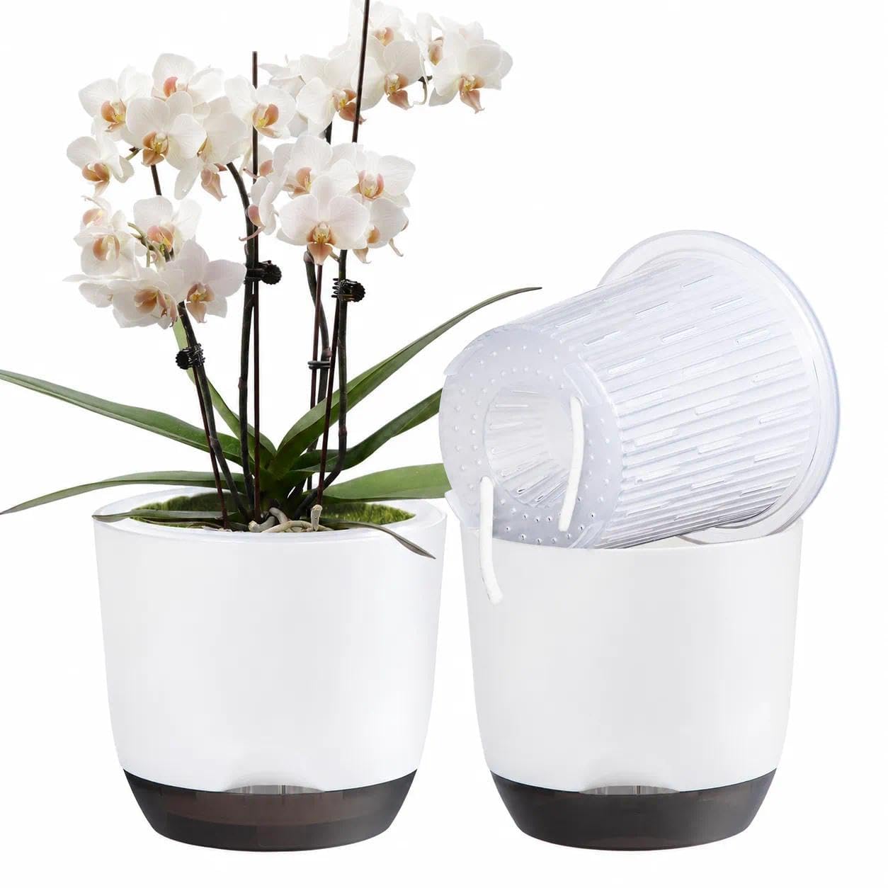 7.2Inch White Orchid Pots with Holes for Repotting, Double-Layer Plastic Self Watering Flower Pots for Indoor Plants with Drainage Holes, Clear Orchid Pot Match Decorative Orchid Container, 1 Pack — image 1