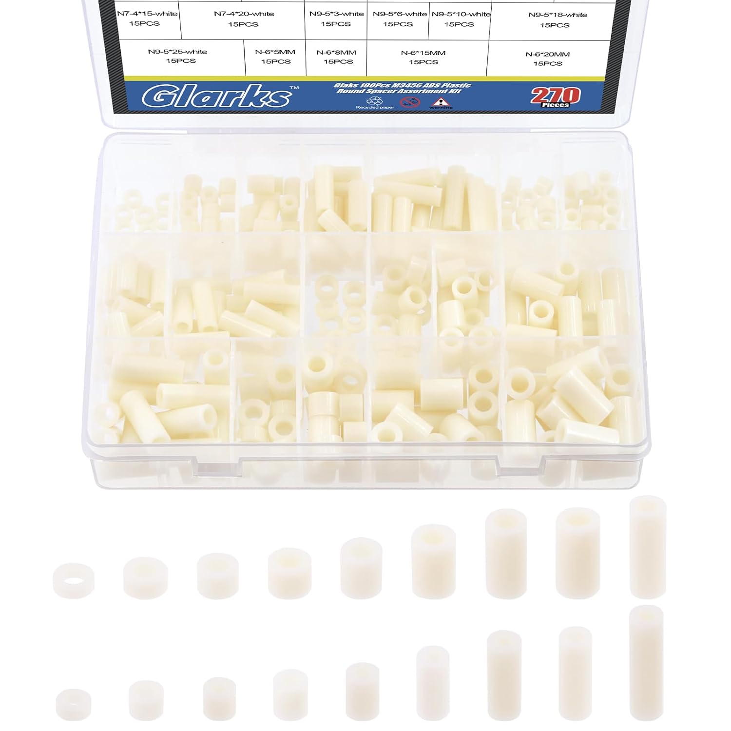 Glarks 270Pcs Nylon Round Spacer Assortment Kit for M3 M4