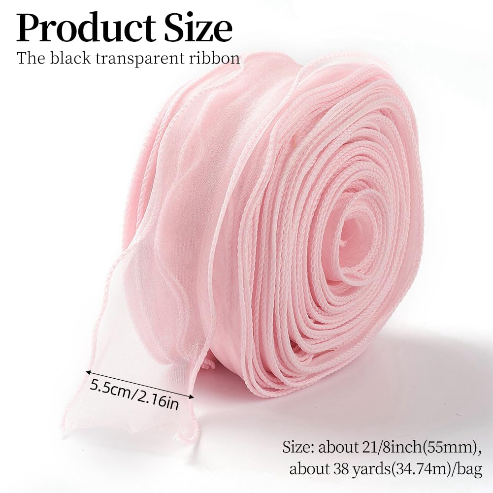 CABODYALS 35M 55mm Pink Sheer Ribbon Sparkle Transparent Organza Trim Sweet Rose Clear Chiffon Fabric Tulle Wide Pastel Ribbons for Gifts Wrapping Making Bows Flower Wedding Bouquets Invitation Decor - Image 2