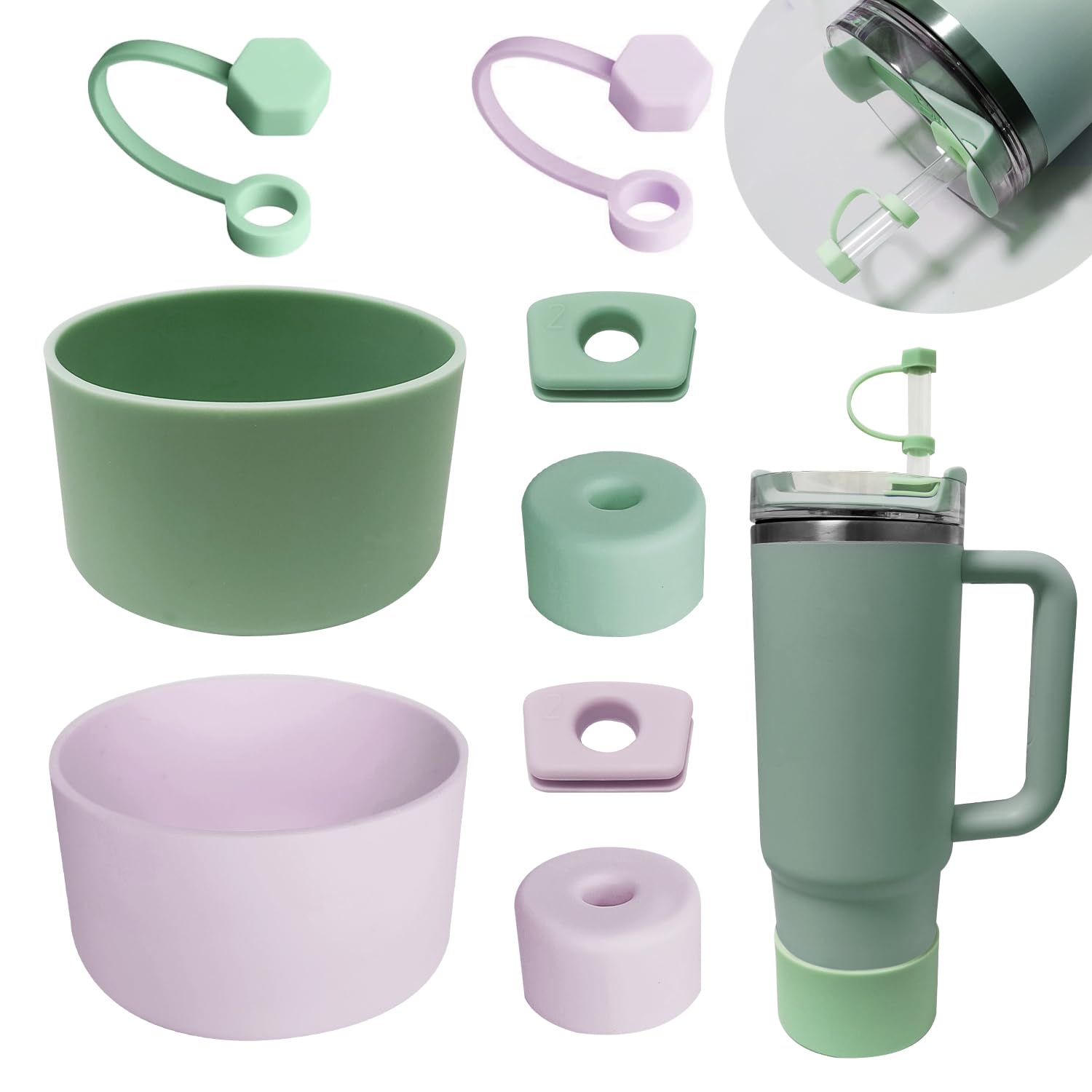 Produktbild von FOSFUKEER Stanley Cup-Zubehörset, Enthält 6 Auslaufsichere Silikonstopfen,2 Stück Strohdeckel, 1 Silikonhülle Für Stanley Cup 1,2 L- Und 850 Ml-Becher,Cups Nicht Enthalten (Rose Quartz