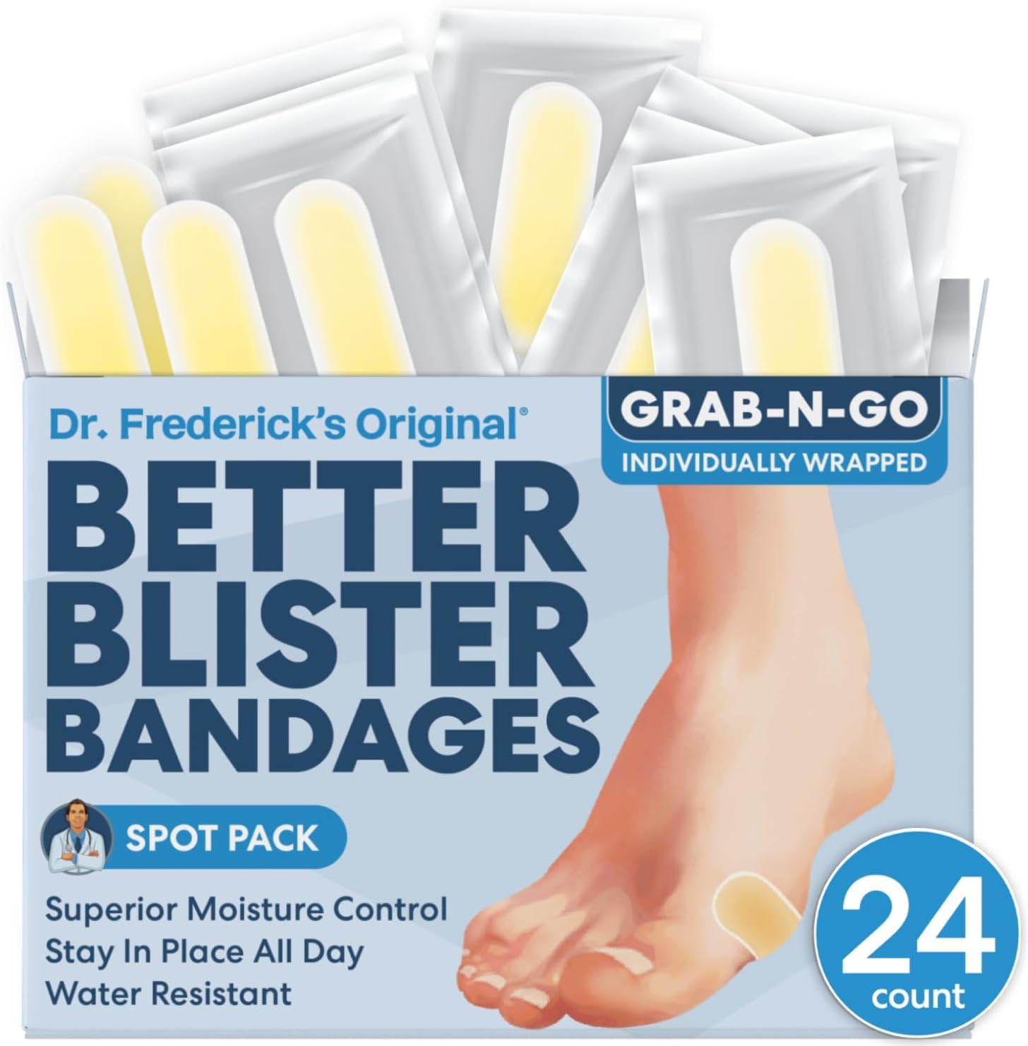 Dr. Frederick's Original Better Blister Bandages - 24 ct - Healing Blister Pads - Grab-N-Go - Water Resistant - 40% More Cushioning - Hydrocolloid -
