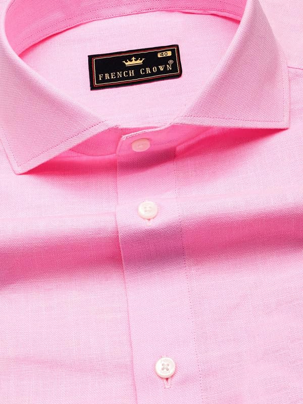 Image of FRENCH CROWN Men's Pink Linen Regular Fit Full Sleeves Casual Shirt