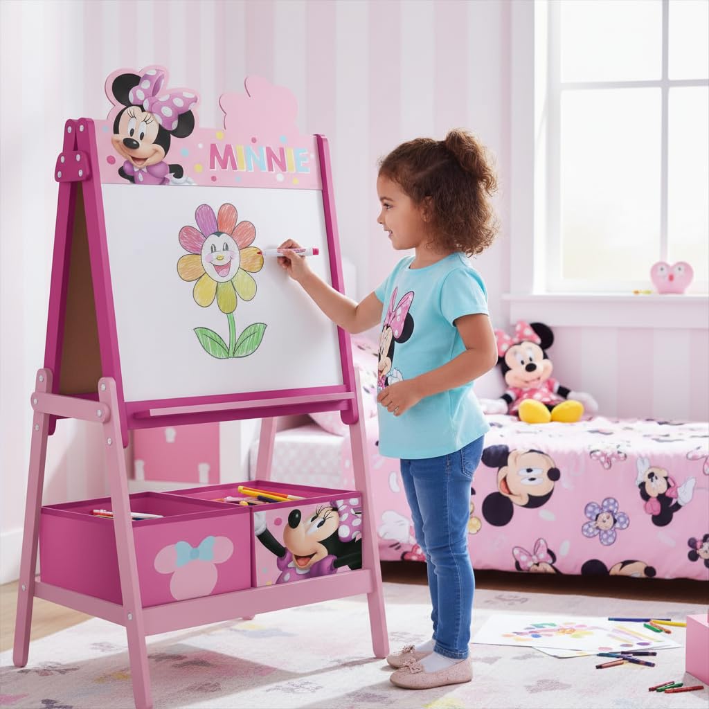 ARDITEX - Pizarra infantil de Disney Minnie Mouse con doble superficie para uso de tiza y rotulador y 2 contenedores textiles para almacenaje - 54x45x117cm - Contenedores de 24x30x15cm - Color rosa