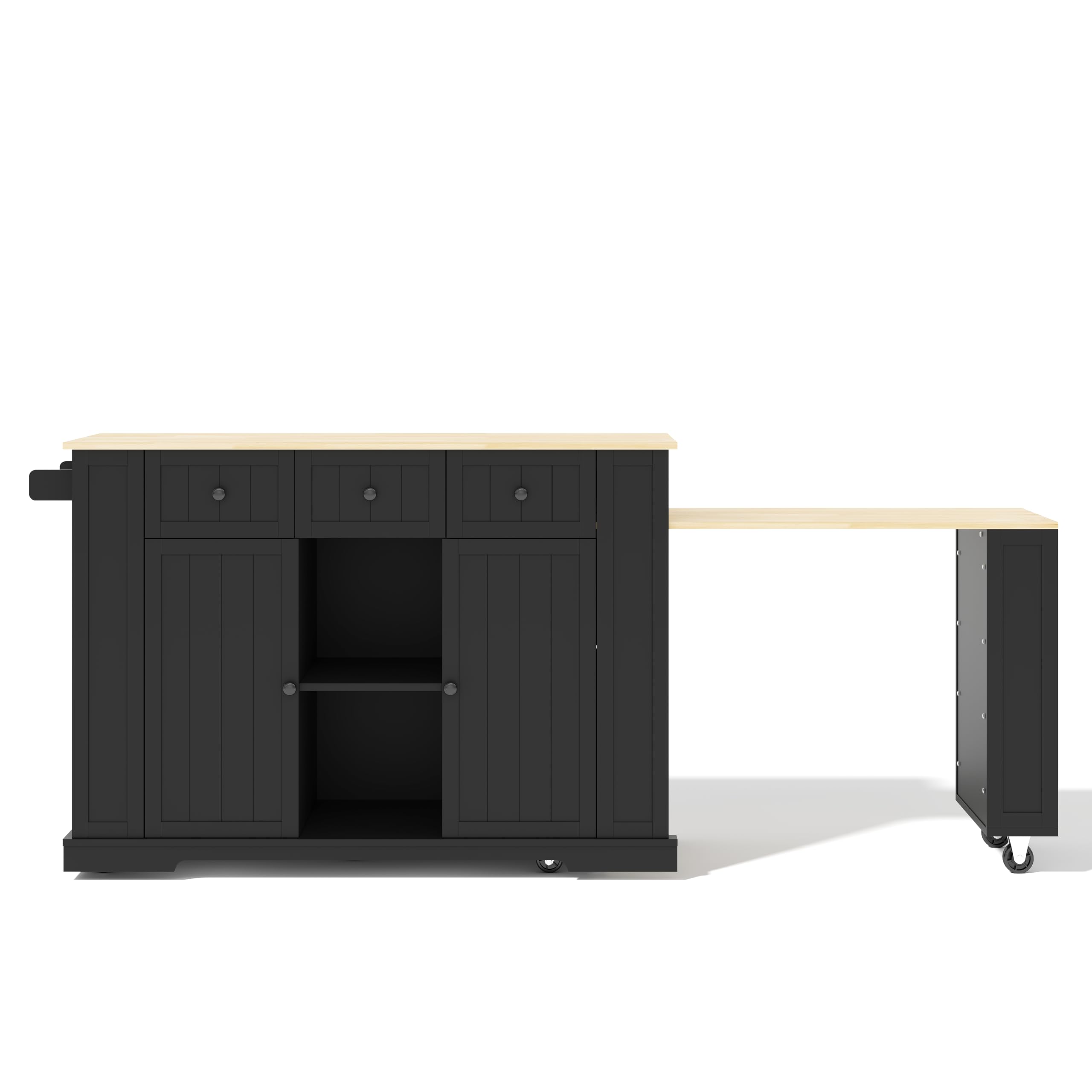 Isola cucina mobile con tavolo da pranzo allungabile, tavolo bar a scomparsa, 7 ruote, ripiani regolabili, 138 (213) x 55 x 93 cm, nero+naturale