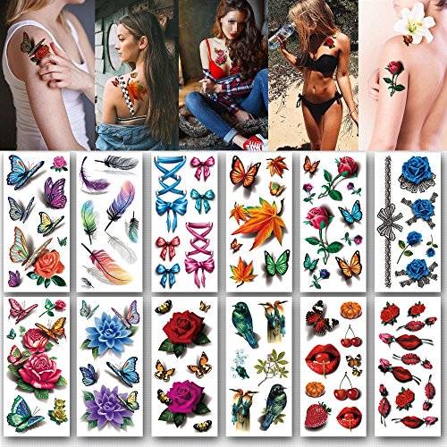 Kotbs 12 Sheets Bright 3d Temporary Tattoos for Women Teens Girls Waterproof Sexy Rose Temporary Floral Tattoo Sticker Body Art Makeup Fake Tattoos Transfer Paper