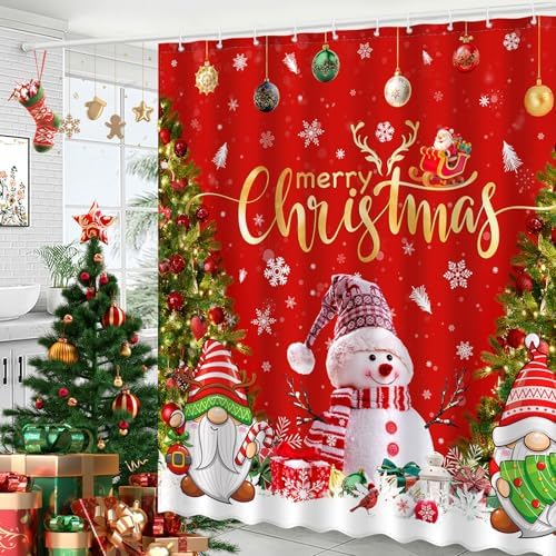 ACZHHZC Merry Christmas Snowman Shower Curtain, Winter Xmas Tree Snow Home Holiday Bathroom Decor, Polyester Cloth Fabric Bath Curtain with 12 Hooks 72