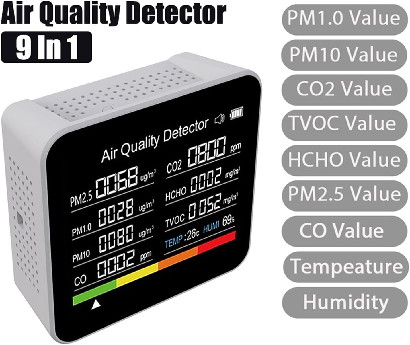 9 1 空気品質モニター CO2 メーター CO TVOC HCHO PM2.5 PM1.0 PM10 温度と湿度測定二酸化炭素検出